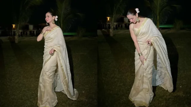 Hania Aamir Stuns in a Cream and Gold Chikankari Saree at a Wedding