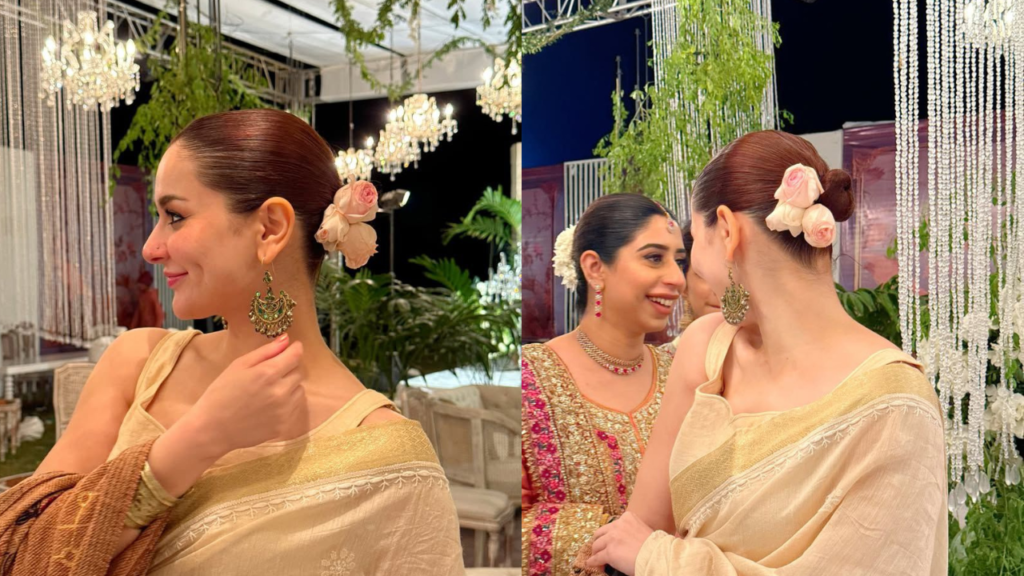 Hania Aamir Stuns in a Cream and Gold Chikankari Saree at a Wedding