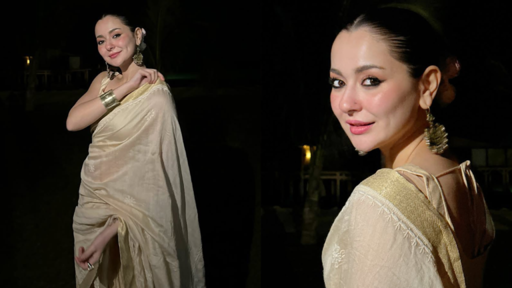 Hania Aamir Stuns in a Cream and Gold Chikankari Saree at a Wedding