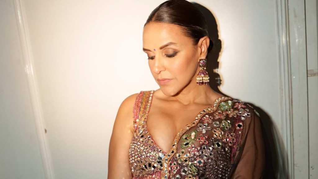 Neha Dhupia Stuns in a Mirror-Embellished Black Lehenga