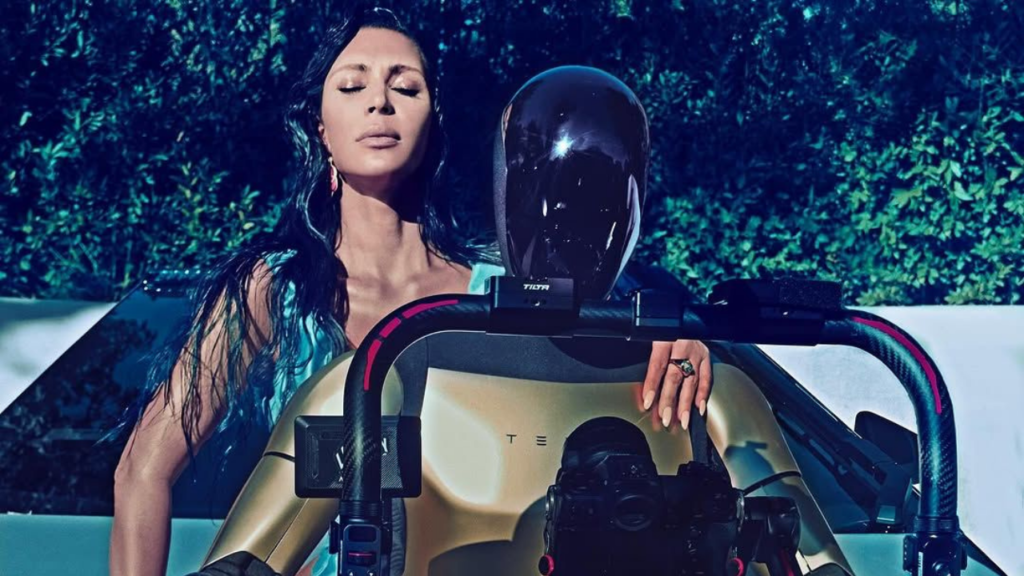 Kim Kardashian's latest photoshoot, featuring a Tesla Cybertruck and the Tesla Optimus robot, 