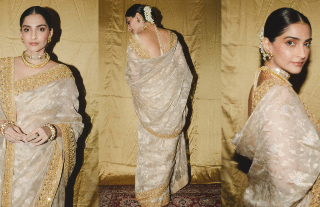 Sonam Kapoor Looks Like Royalty in a Golden Saree by Abu Jani Sandeep Khosla