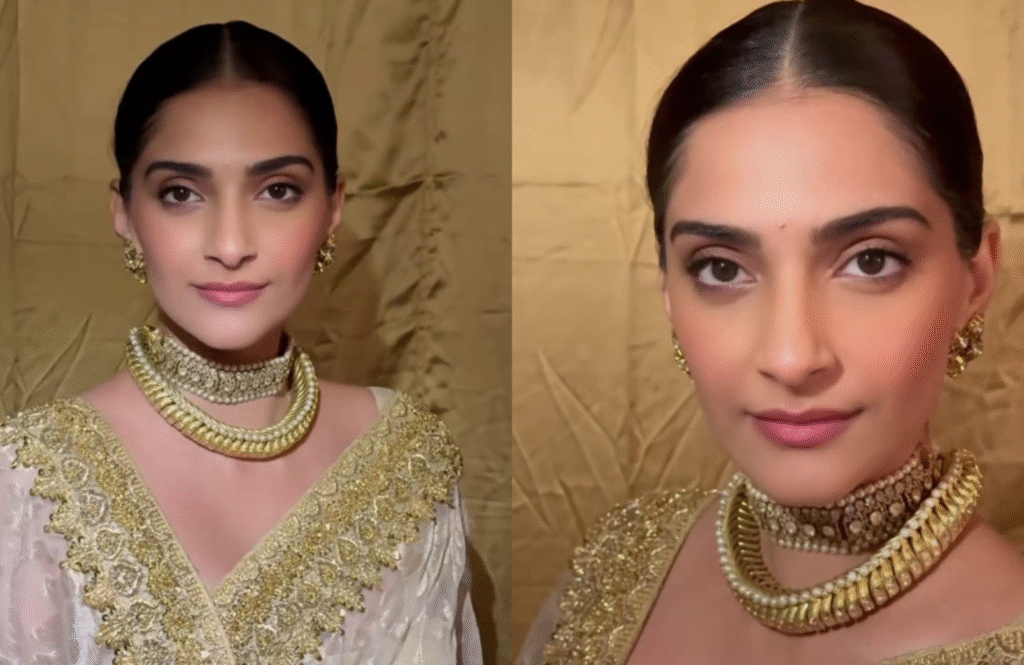 Sonam Kapoor Looks Like Royalty in a Golden Saree by Abu Jani Sandeep Khosla