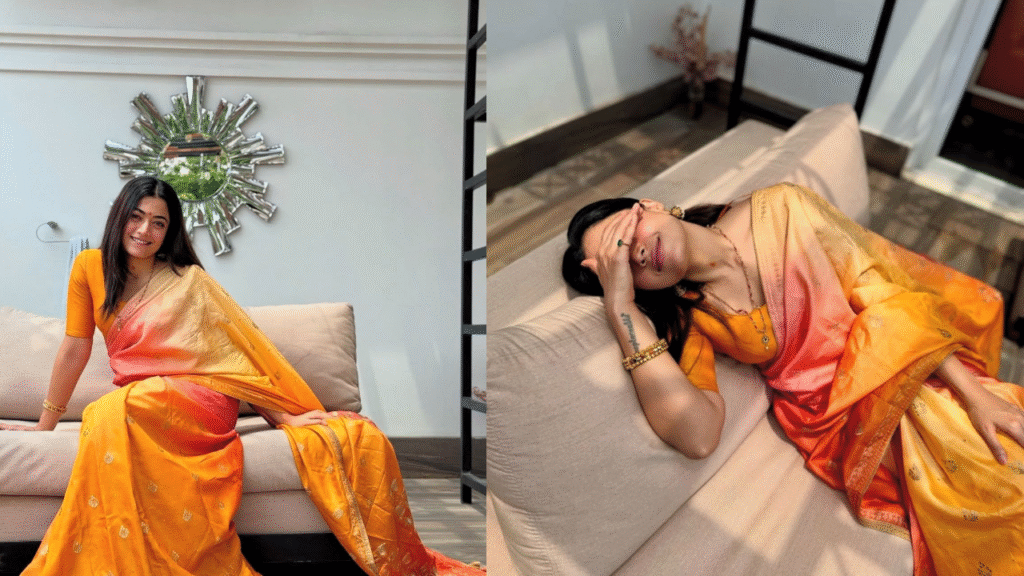 Rashmika Mandanna Looks Like a Beautiful Bride in a Yellow Banarasi Silk Saree