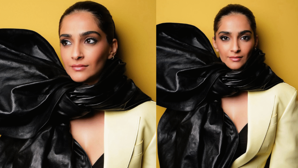 Sonam Kapoor Makes a Statement in Bold Yellow Blazer Dress and Giant Scarf at London Event