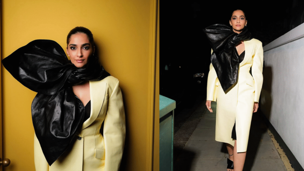 Sonam Kapoor Makes a Statement in Bold Yellow Blazer Dress and Giant Scarf at London Event