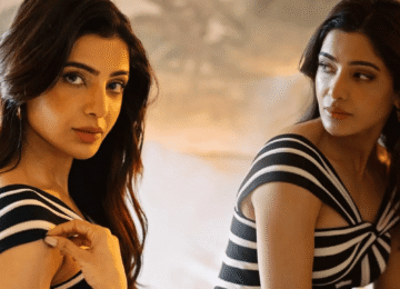 Samantha Ruth Prabhu black white dress perfume launch.