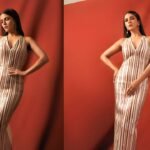 Nimrat Kaur Radiates Elegance in a Striking Metallic Striped Sameer Madan Dress