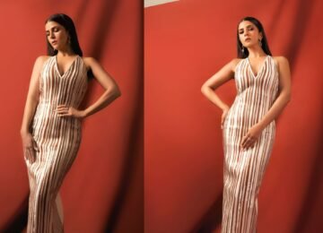 Nimrat Kaur Radiates Elegance in a Striking Metallic Striped Sameer Madan Dress