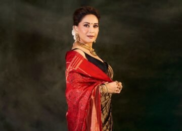Madhuri Dixit Revives Heritage Elegance in a Mustard and Black Sonepuri Silk Saree