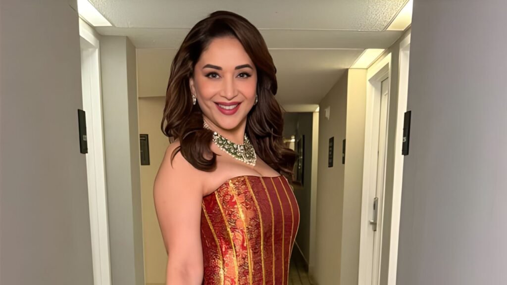 Madhuri Dixit Stuns in Regal Silk Brocade Gown as Wedding Season Begins