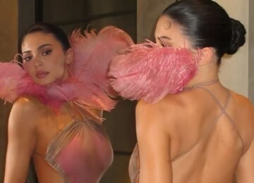 Kylie Jenner Stuns in Pink Feathered Dress at Kylie Cosmetics Christmas Party