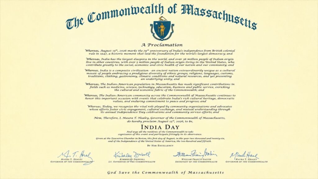 Massachusetts Governor Maura Healey Officially Proclaims August 15, 2026, as India Day