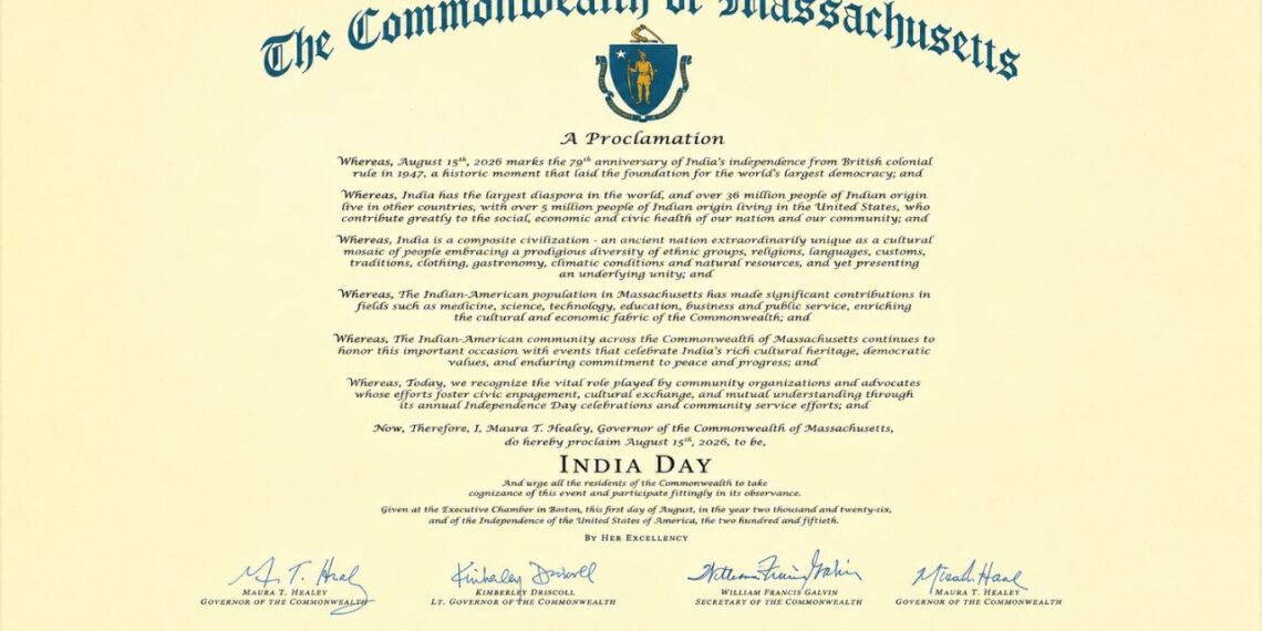Massachusetts Governor Maura Healey Officially Proclaims August 15, 2026, as India Day