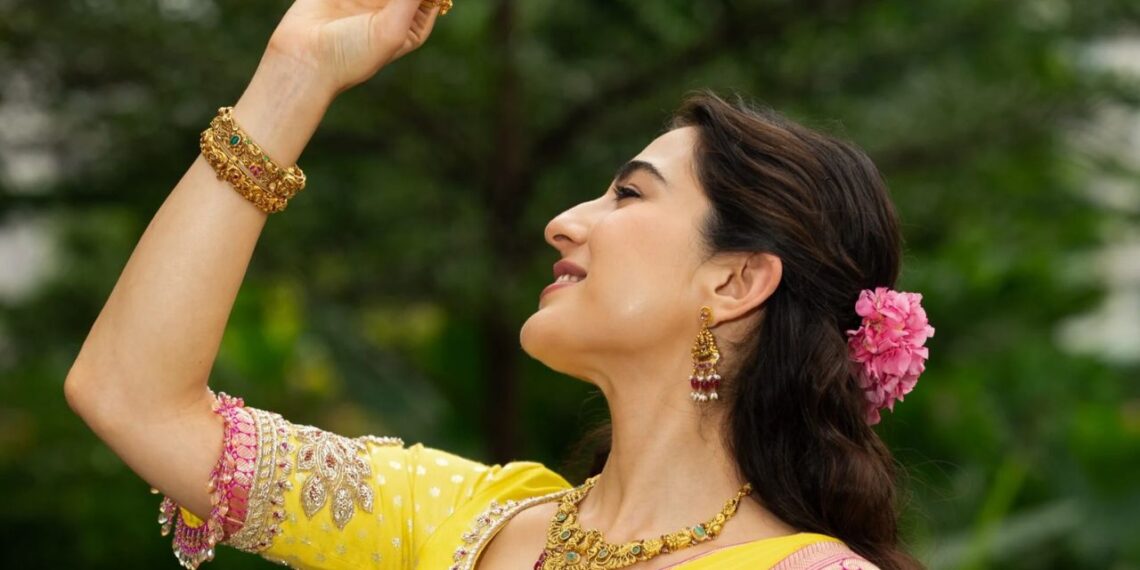 Sara Ali Khan’s Navratri Look: Yellow Silk Saree, Pink Border and Statement Gold Jewellery