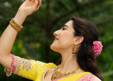 Sara Ali Khan’s Navratri Look: Yellow Silk Saree, Pink Border and Statement Gold Jewellery